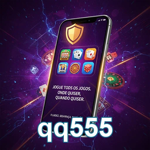 Smartphone com jogos e logo do qq555 em fundo dinâmico.