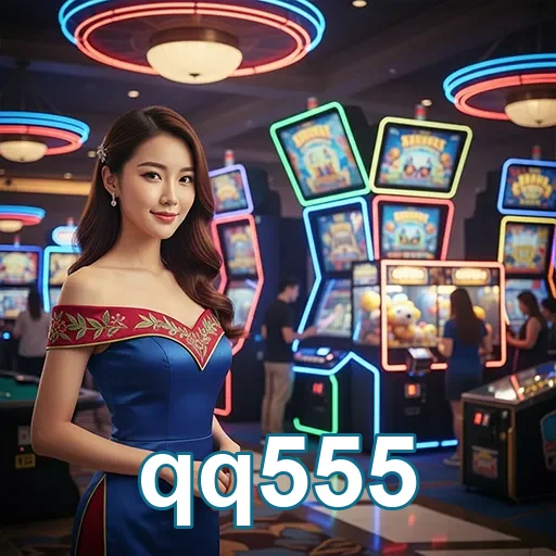 Jogadora sorridente em ambiente de slots no qq555.