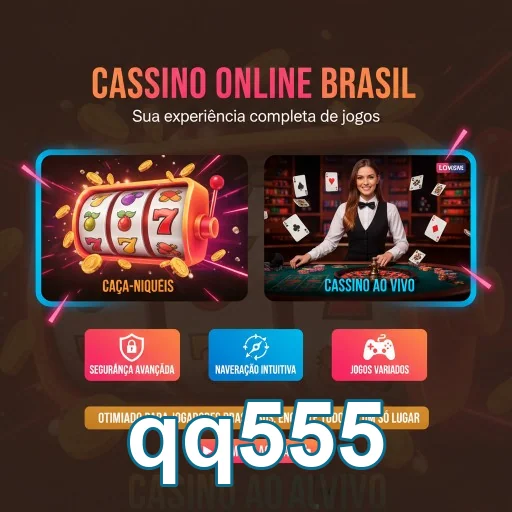 Interface do qq555 mostrando caça-níqueis e cassino ao vivo.