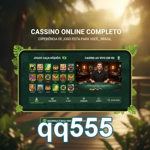 Plataforma qq555 exibindo jogos de cassino e dealer ao vivo.
