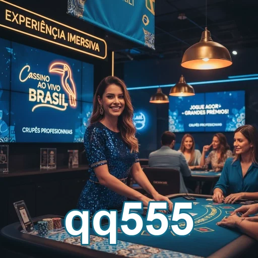 Jogadora sorridente na plataforma qq555 durante cassino ao vivo.