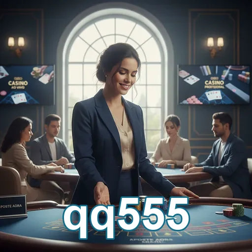 Interface do cassino ao vivo qq555 com dealers e mesas de jogo.