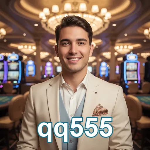 Ambiente de cassino do qq555 com jogador em destaque.