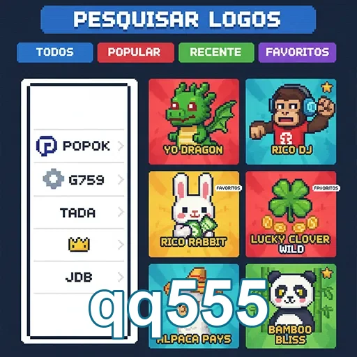 Interface do aplicativo qq555 com jogos e categorias visíveis.