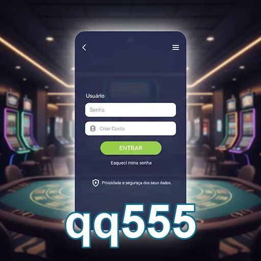 Tela de login do aplicativo qq555 com jogos de slot ao fundo.