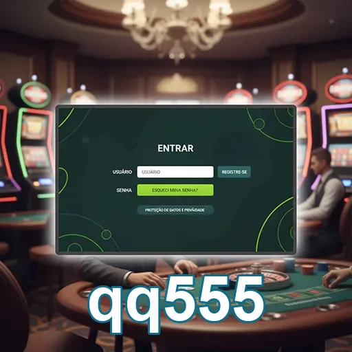 Tela de login do site qq555 com jogos de cassino ao fundo.
