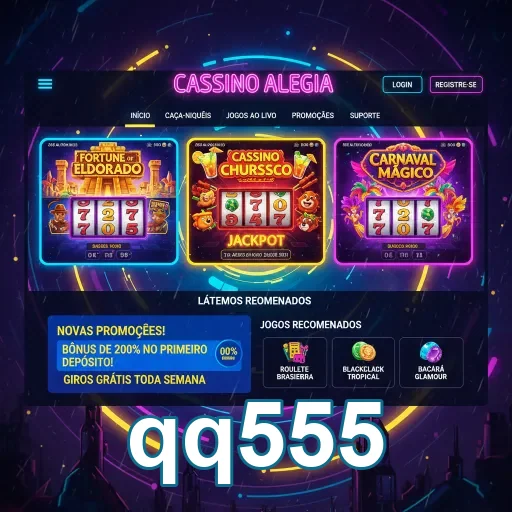 Tela do aplicativo qq555 mostrando bônus e jogos destacados.