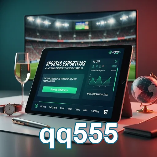 Tela de tablet mostrando apostas esportivas no qq555.