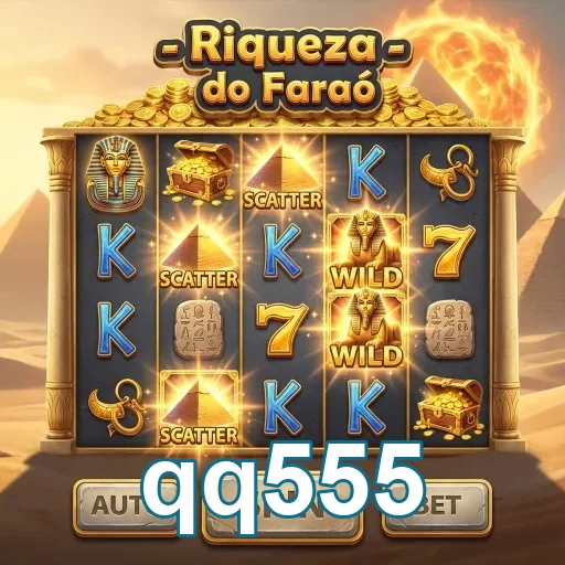 Jogo 'Riqueza do Faraó' no qq555 com símbolos vibrantes.