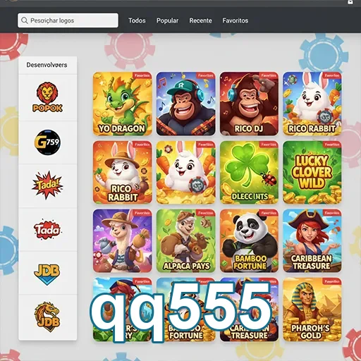 Interface de jogos de slot no qq555, com diversas opções.