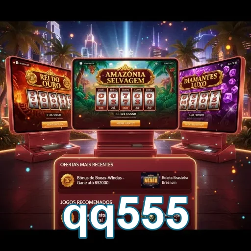 Telões do qq555 exibindo jogos de slots populares.