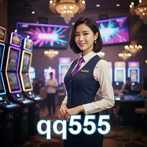 Funcionária do qq555 ao lado de máquinas de slot.