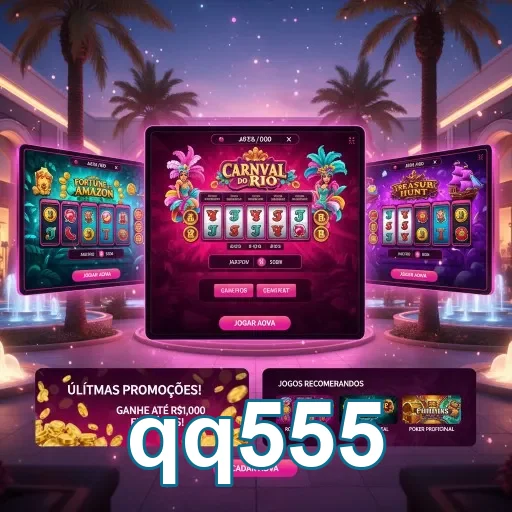 Interface do site qq555 com jogos VIP em destaque.